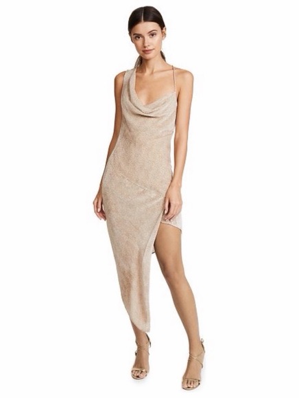 Asymmetrical Beige Cowl-Neck Slip Dress